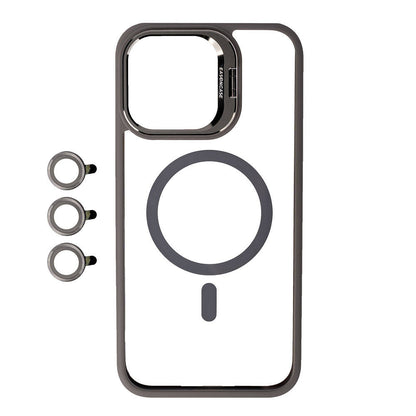 Apple iPhone 15 Pro Kılıf Magsafe Şarj Özellikli Standlı Zore Magsafe Klon Lensli Kapak Siyah