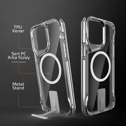 Apple iPhone 15 Pro Kılıf Magsafe Şarj Özellikli Zore T-Max Standlı Kapak Renksiz
