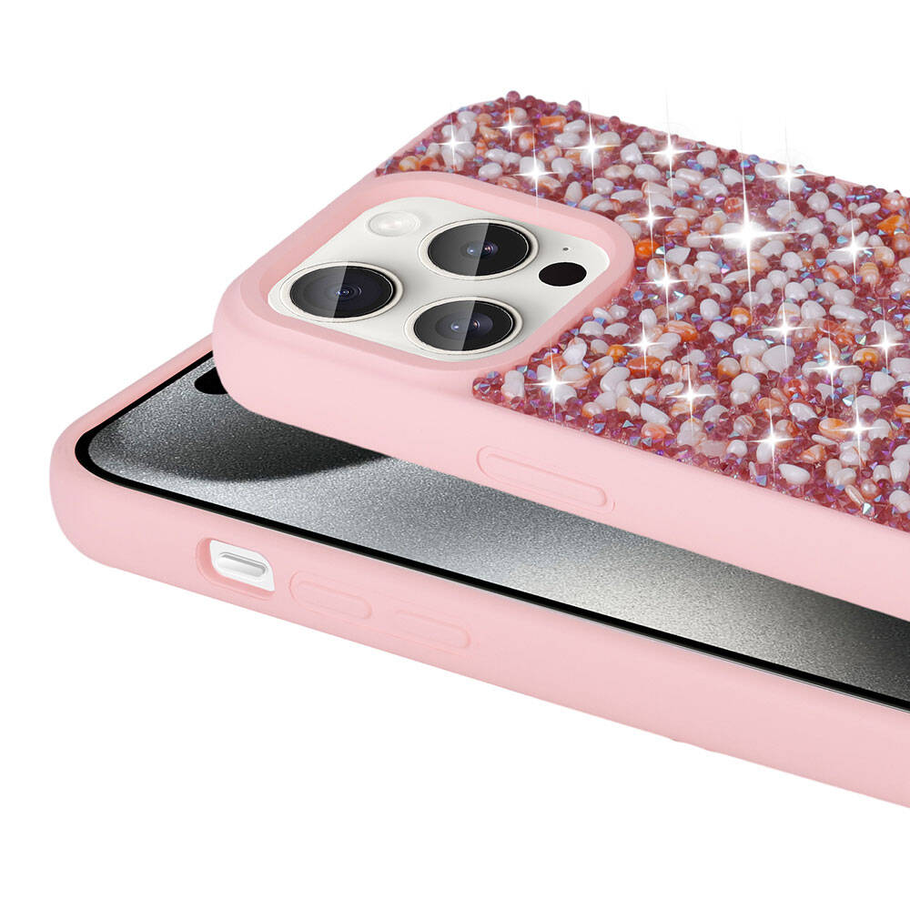 Apple iPhone 15 Pro Kılıf Parlak Taşlı Tasarım Zore Linea Diamond Kapak Mavi Açık