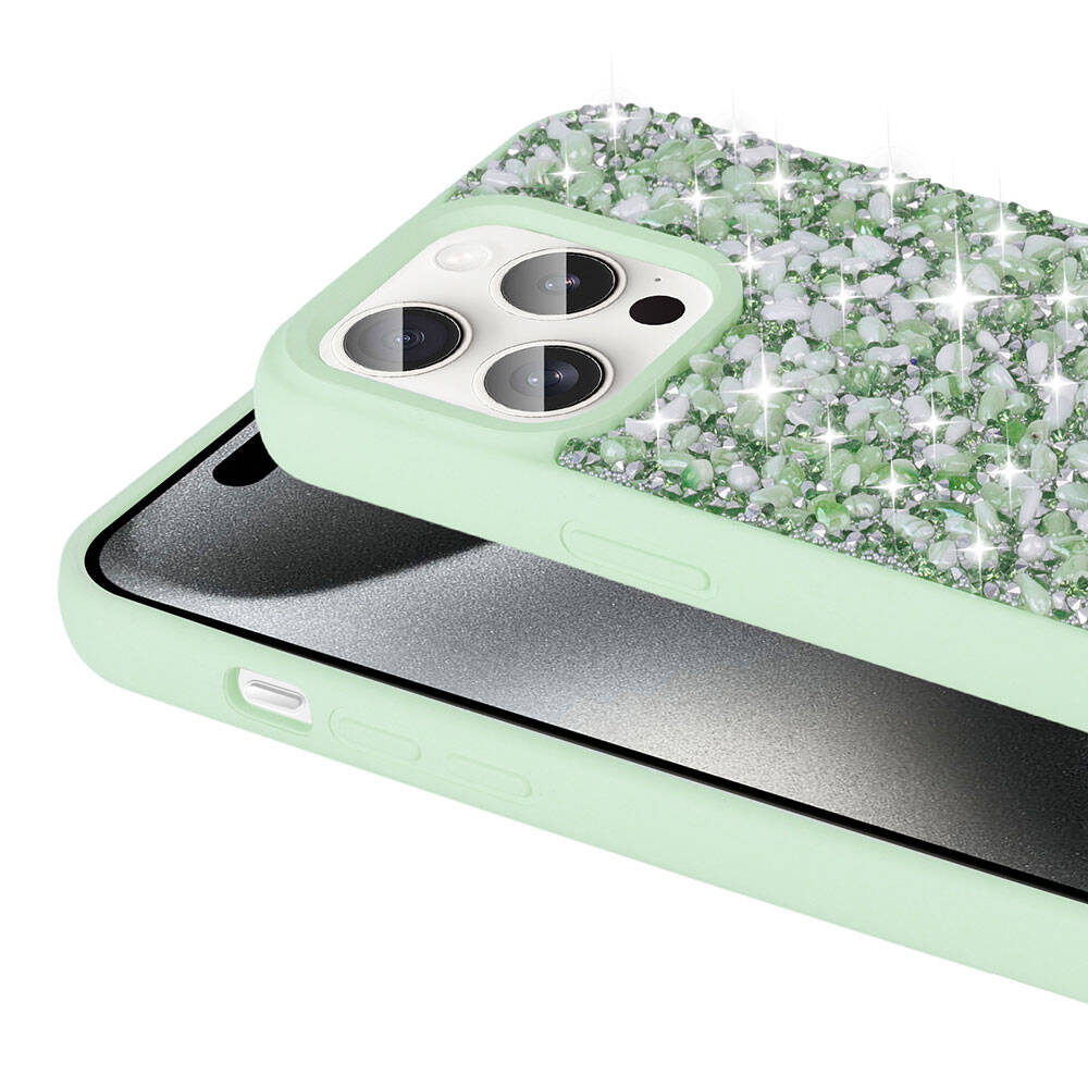 Apple iPhone 15 Pro Kılıf Parlak Taşlı Tasarım Zore Linea Diamond Kapak Mavi Açık