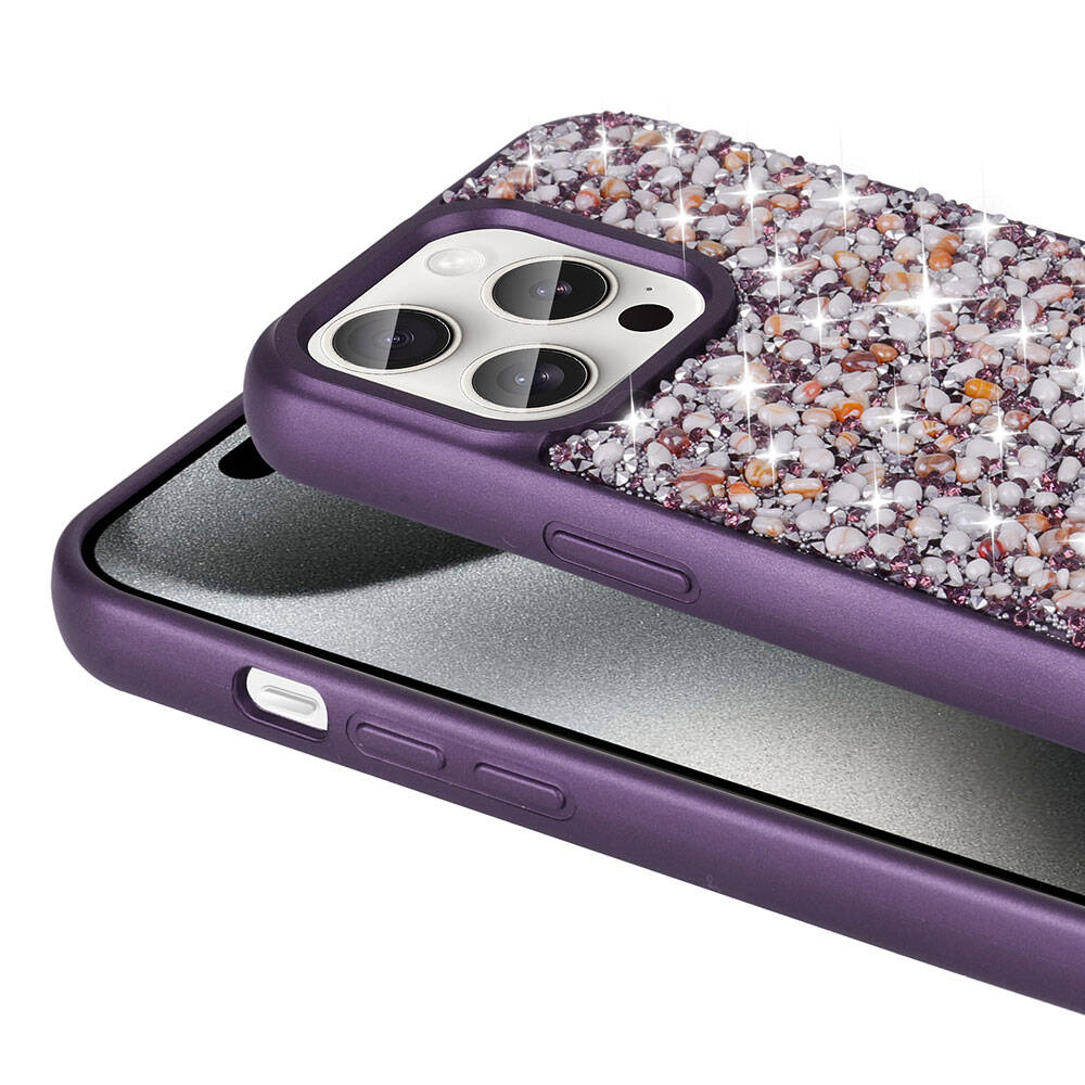 Apple iPhone 15 Pro Kılıf Parlak Taşlı Tasarım Zore Linea Diamond Kapak Derin Mor