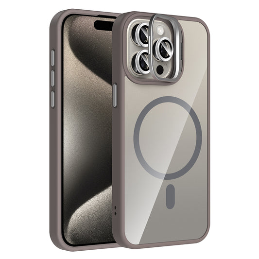 Apple iPhone 15 Pro Kılıf Standlı ve Kamera Lens Hediyeli M-Safe Şarj Özellikli Zore Etro Kapak Gri