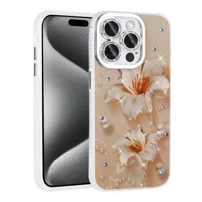 Apple iPhone 15 Pro Max Kılıf Çiçek Desenli Parlak Taşlı Sert Silikon Zore Garden Kapak Colorful
