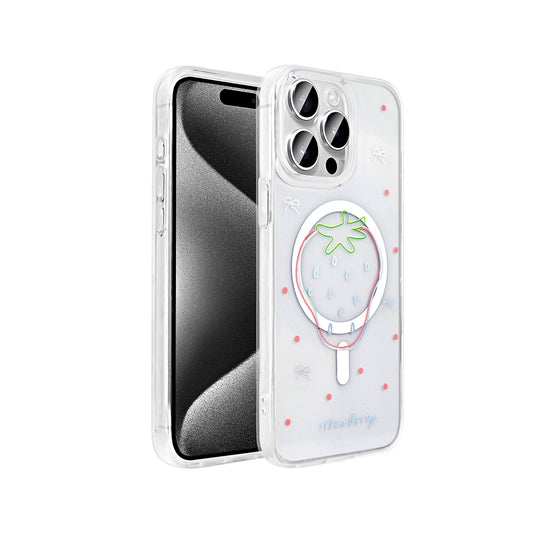 Apple iPhone 15 Pro Max Kılıf M-Safe Şarj Özellikli Şeffaf Zore Folk Sert Kapak Çilek