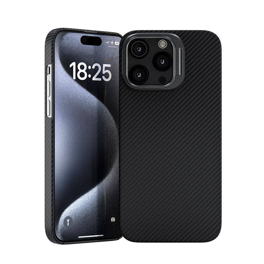 Apple iPhone 15 Pro Max Kılıf M-safe Şarj Özellikli 600D Kevlar Zore Krek Karbon Standlı Kapak