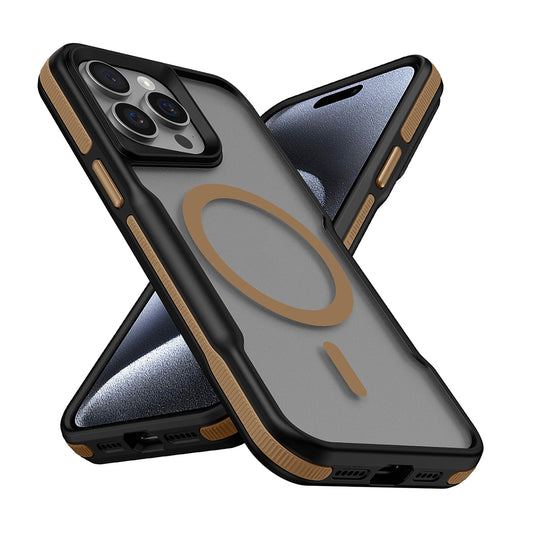 Apple iPhone 15 Pro Max Kılıf Magsafe Şarj Özellikli Renkli Kenar Airbag Şeritli Zore Lamer Kapak Titanyum-Gold