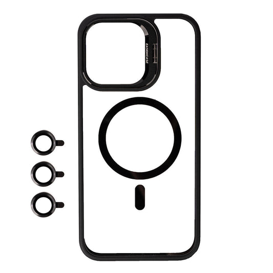 Apple iPhone 15 Pro Max Kılıf Magsafe Şarj Özellikli Standlı Zore Magsafe Klon Lensli Kapak Siyah
