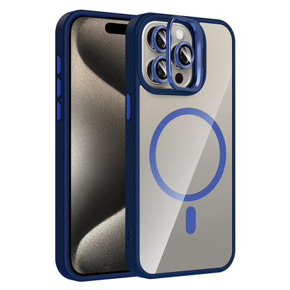 Apple iPhone 15 Pro Max Kılıf Standlı ve Kamera Lens Hediyeli M-Safe Şarj Özellikli Zore Etro Kapak Lacivert