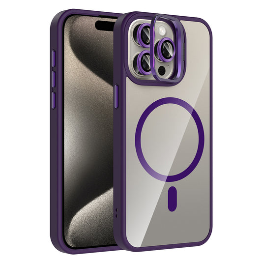Apple iPhone 15 Pro Max Kılıf Standlı ve Kamera Lens Hediyeli M-Safe Şarj Özellikli Zore Etro Kapak Gri