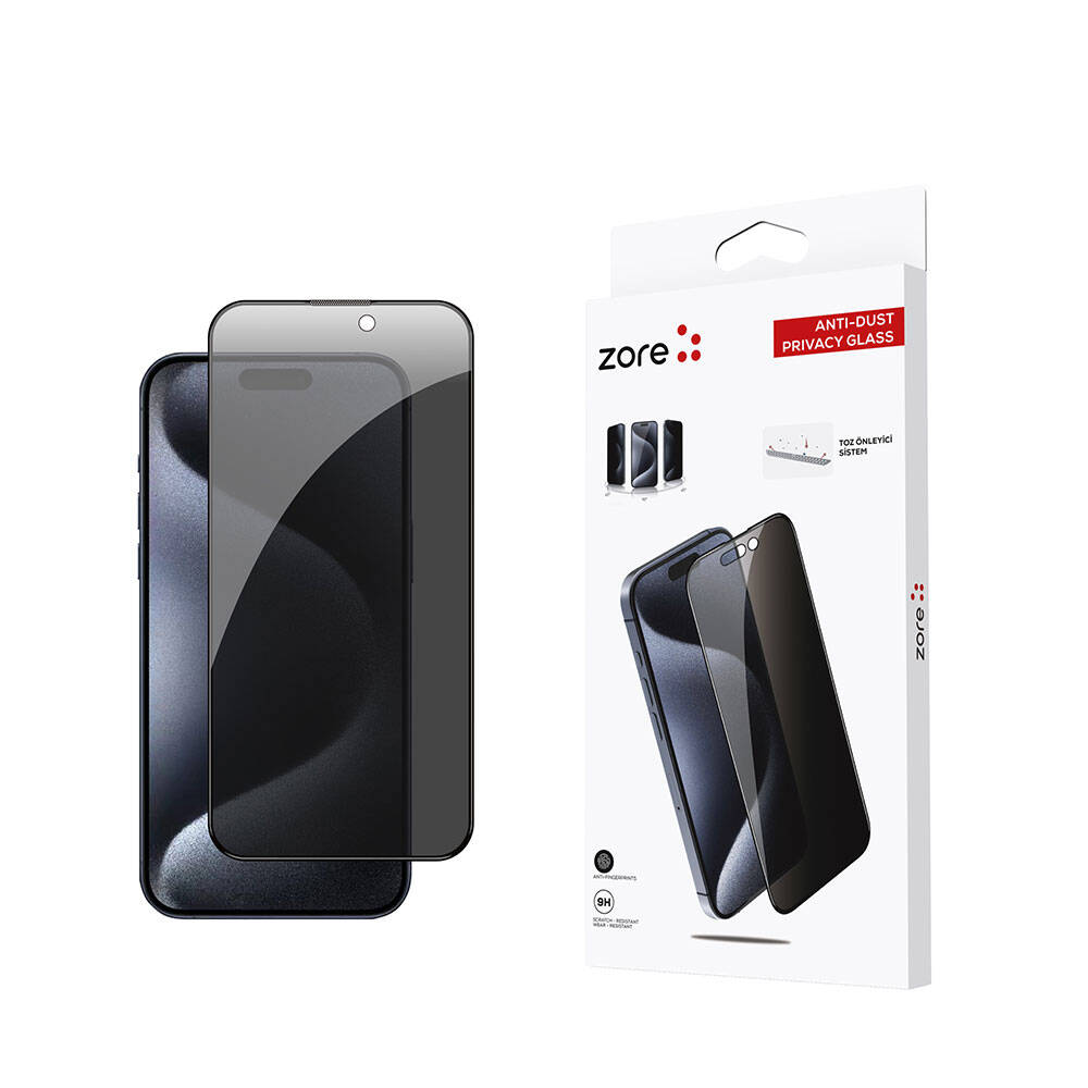 Apple iPhone 15 Pro Max Zore Anti-Dust Privacy Temperli Ekran Koruyucu Siyah
