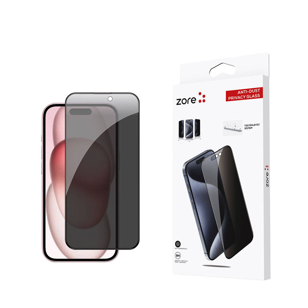Apple iPhone 15 Zore Anti-Dust Privacy Temperli Ekran Koruyucu Siyah
