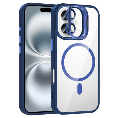 Apple iPhone 16 Plus Kılıf Standlı ve Kamera Lens Hediyeli M-Safe Şarj Özellikli Zore Etro Kapak Lacivert