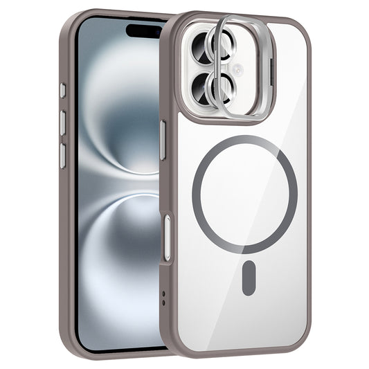 Apple iPhone 16 Plus Kılıf Standlı ve Kamera Lens Hediyeli M-Safe Şarj Özellikli Zore Etro Kapak Gri