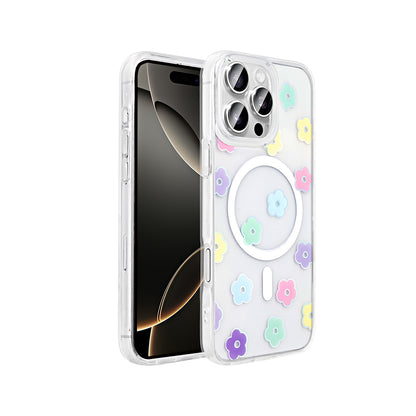 Apple iPhone 16 Pro Kılıf M-Safe Şarj Özellikli Şeffaf Zore Folk Sert Kapak Papatya