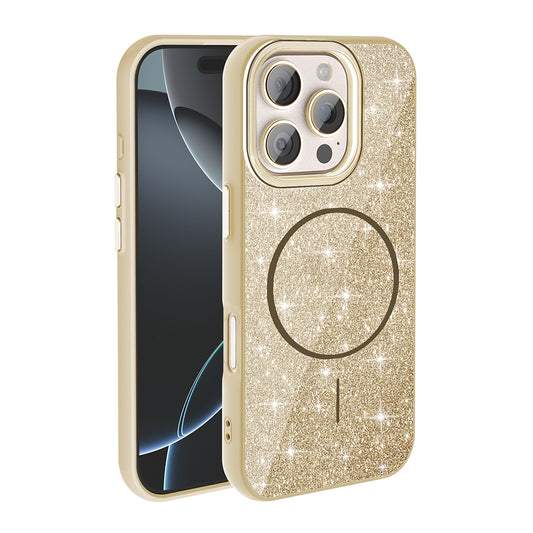 Apple iPhone 16 Pro Kılıf Magsafe Şarj Özellikli Parlayan Simli Zore Okso Kapak Gold