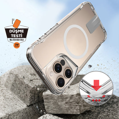 Apple iPhone 16 Pro Kılıf Magsafe Şarj Özellikli Zore T-Max Standlı Kapak Şeffaf