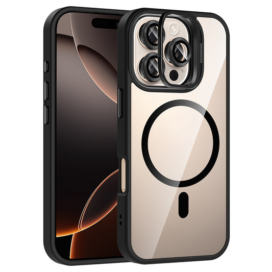 Apple iPhone 16 Pro Max Kılıf Standlı ve Kamera Lens Hediyeli M-Safe Şarj Özellikli Zore Etro Kapak Siyah