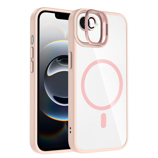 Apple iPhone 16E Kılıf Standlı ve Kamera Lens Hediyeli M-Safe Şarj Özellikli Zore Etro Kapak Pembe