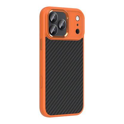 Apple iPhone 17 Pro Kılıf M-Safe Şarj Özellikli Karbon Fiber Görünümlü Zore Truva Silikon Kapak Turuncu