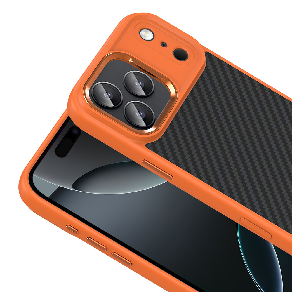 Apple iPhone 17 Pro Kılıf M-Safe Şarj Özellikli Karbon Fiber Görünümlü Zore Truva Silikon Kapak Turuncu