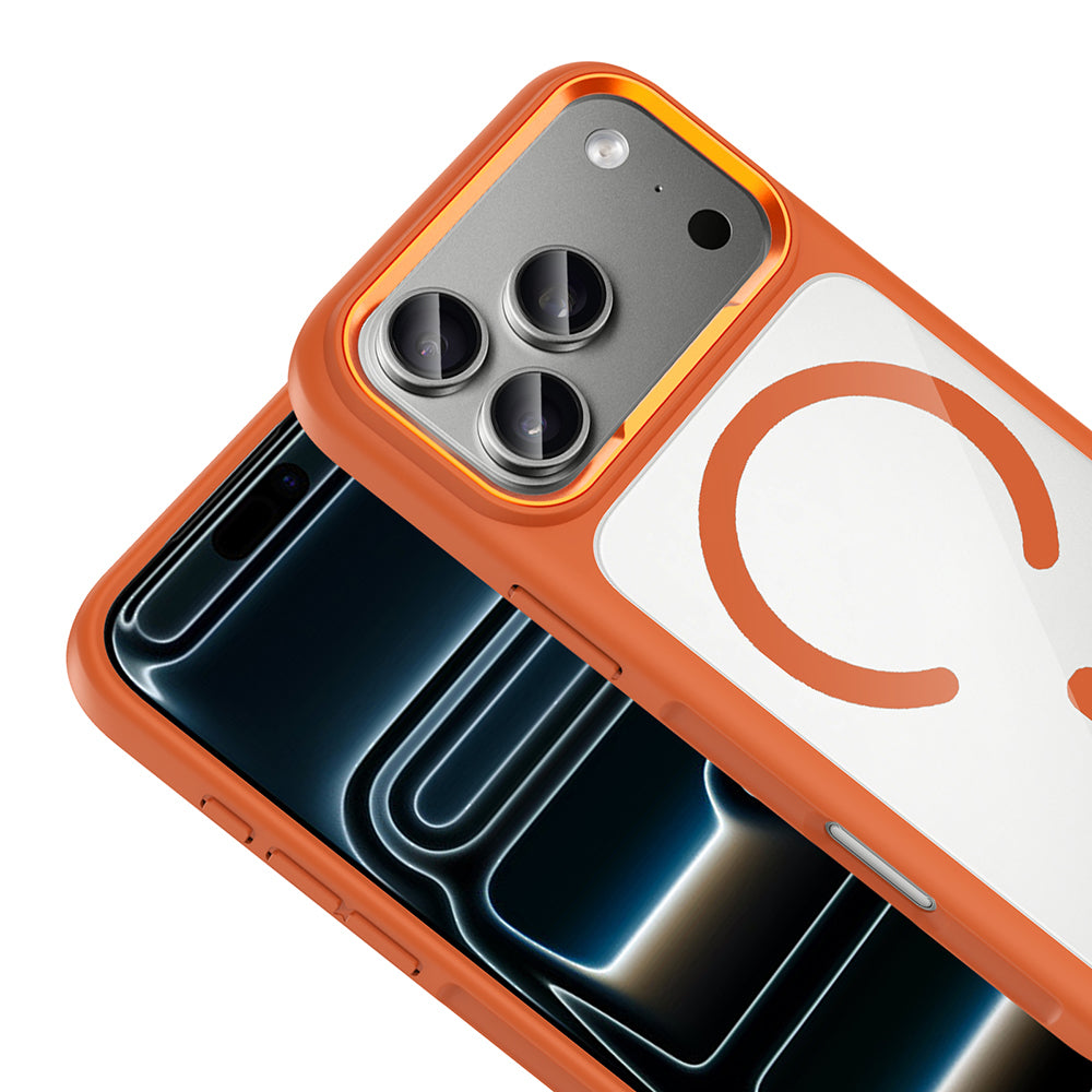 Apple iPhone 17 Pro Kılıf M-Safe Şarj Özellikli Metal Kamera Çerçeveli Zore Tiko Kapak Turuncu