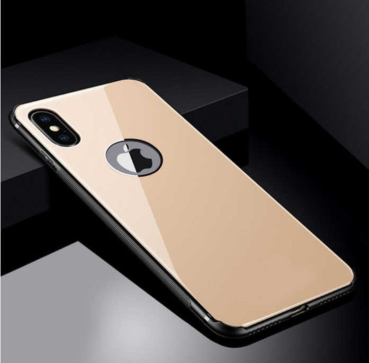 Apple iPhone X Kılıf Zore Düz Renkli Ebruli Cam Kapak Gold