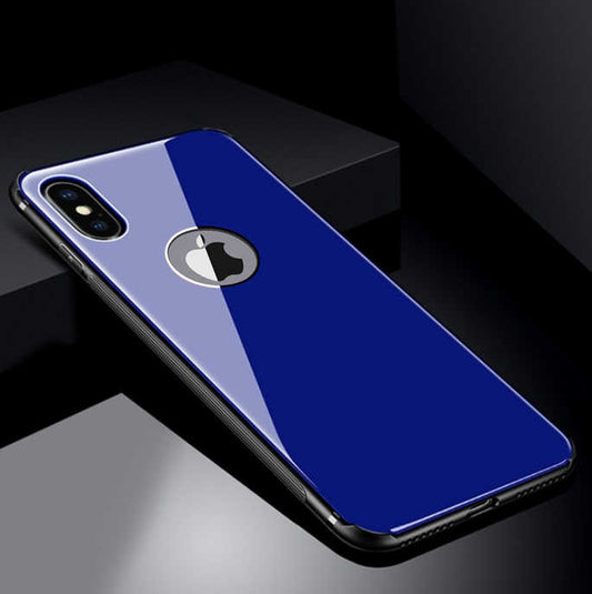 Apple iPhone X Kılıf Zore Düz Renkli Ebruli Cam Kapak Mavi