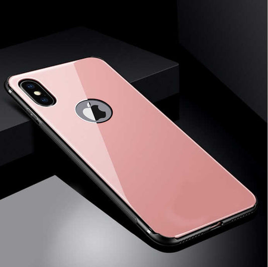 Apple iPhone X Kılıf Zore Düz Renkli Ebruli Cam Kapak Rose Gold