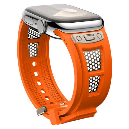 Apple Watch 42mm Zore KRD-117 Hava Alabilen Delikli Metal Süslemeli Desenli Silikon Kordon Titanyum-Turuncu
