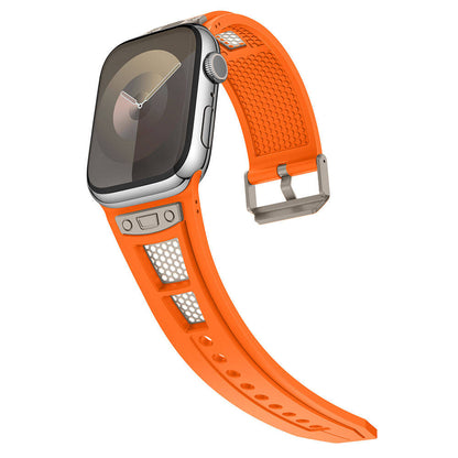 Apple Watch 7 45mm Zore KRD-117 Hava Alabilen Delikli Metal Süslemeli Desenli Silikon Kordon Titanyum-Yeşil