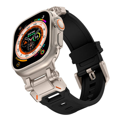 Apple Watch Ultra 49mm Zore KRD-101 Titanyum Metal Başlıklı Silikon Kordon Siyah-Turuncu