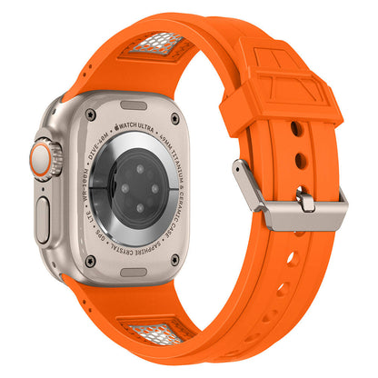 Apple Watch Ultra 49mm Zore KRD-117 Hava Alabilen Delikli Metal Süslemeli Desenli Silikon Kordon Titanyum-Yeşil