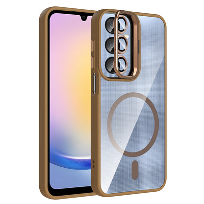 Galaxy A16 Kılıf Standlı ve Kamera Lens Hediyeli M-Safe Şarj Özellikli Zore Etro Kapak Desert Titanyum