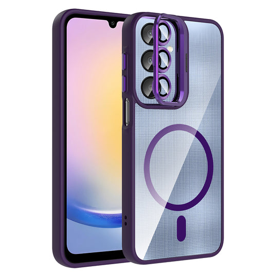 Galaxy A26 Kılıf Standlı ve Kamera Lens Hediyeli M-Safe Şarj Özellikli Zore Etro Kapak Derin Mor