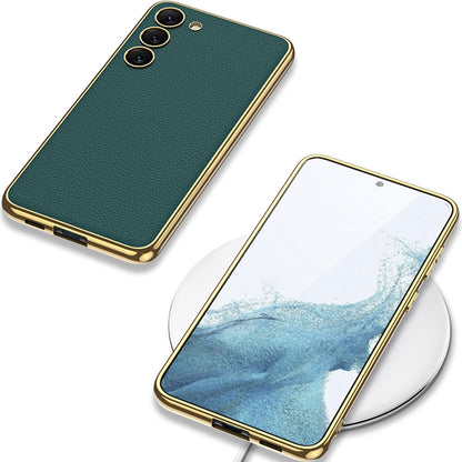 Galaxy S23 Kılıf Deri Görünümlü Kenarları Elektroplating Kaplama Zore Fizyon Kapak Siyah