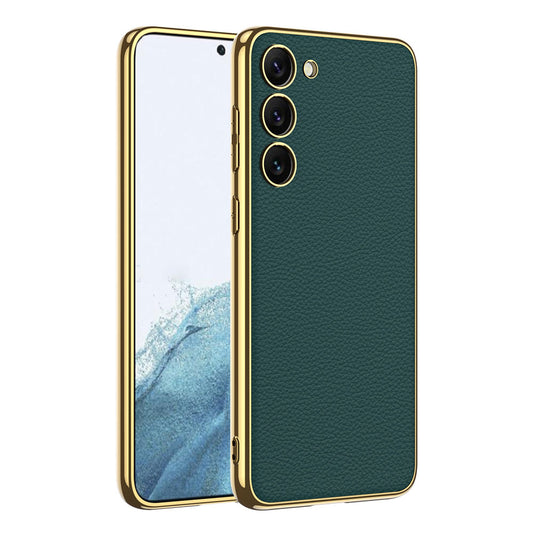 Galaxy S23 Kılıf Deri Görünümlü Kenarları Elektroplating Kaplama Zore Fizyon Kapak Koyu Yeşil