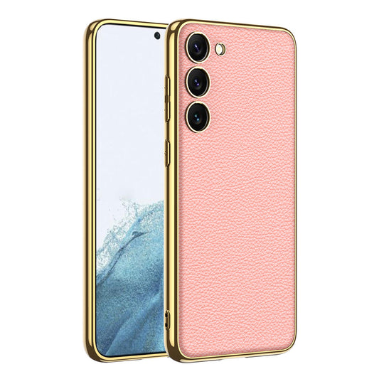 Galaxy S23 Plus Kılıf Deri Görünümlü Kenarları Elektroplating Kaplama Zore Fizyon Kapak Pembe