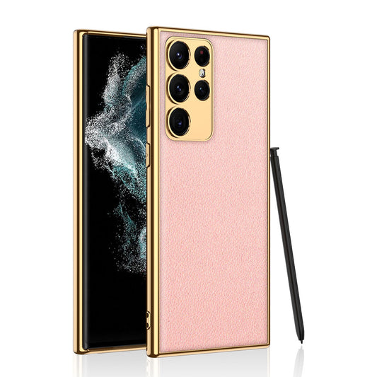 Galaxy S23 Ultra Kılıf Deri Görünümlü Kenarları Elektroplating Kaplama Zore Fizyon Kapak Pembe