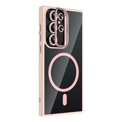 Galaxy S23 Ultra Kılıf Standlı ve Kamera Lens Hediyeli M-Safe Şarj Özellikli Zore Etro Kapak Pembe