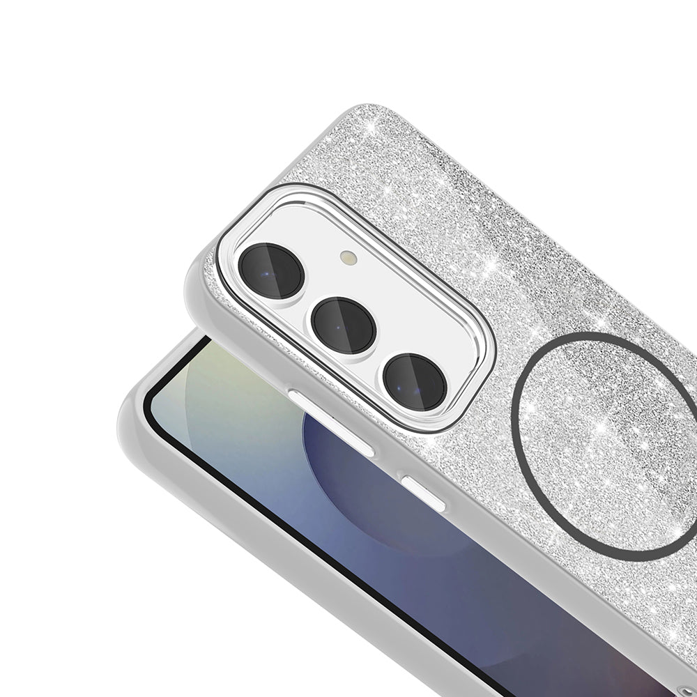 Galaxy S24 FE Kılıf Magsafe Şarj Özellikli Parlayan Simli Zore Okso Kapak Beyaz