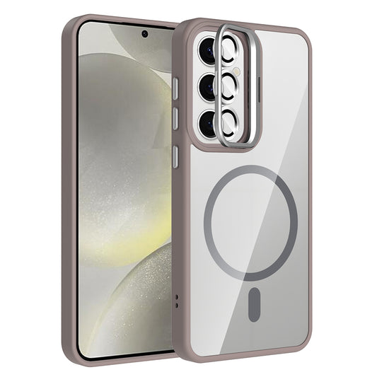 Galaxy S24 Kılıf Standlı ve Kamera Lens Hediyeli M-Safe Şarj Özellikli Zore Etro Kapak Gri
