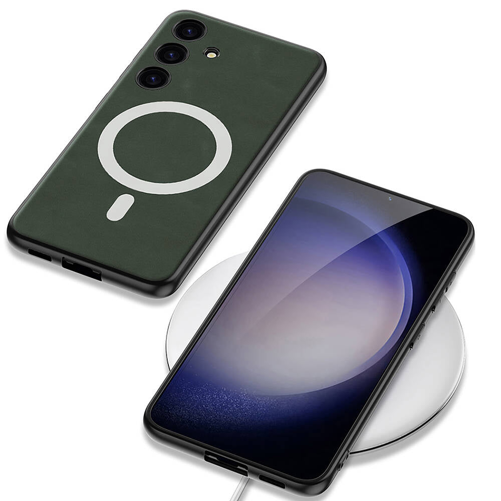 Galaxy S24 Plus Kılıf Magsafe Şarj Özellikli Deri Tasarımlı Zore Kıpta Nubuk Kapak Yeşil