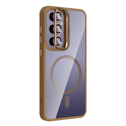 Galaxy S24 Plus Kılıf Standlı ve Kamera Lens Hediyeli M-Safe Şarj Özellikli Zore Etro Kapak Desert Titanyum