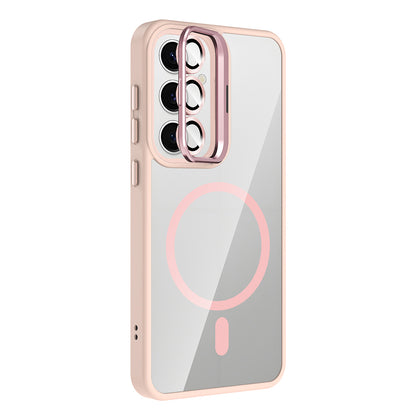 Galaxy S25 Kılıf Standlı ve Kamera Lens Hediyeli M-Safe Şarj Özellikli Zore Etro Kapak Pembe