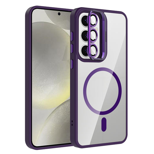 Galaxy S25 Kılıf Standlı ve Kamera Lens Hediyeli M-Safe Şarj Özellikli Zore Etro Kapak Derin Mor