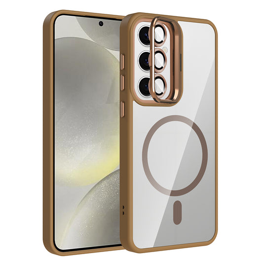 Galaxy S25 Kılıf Standlı ve Kamera Lens Hediyeli M-Safe Şarj Özellikli Zore Etro Kapak Desert Titanyum