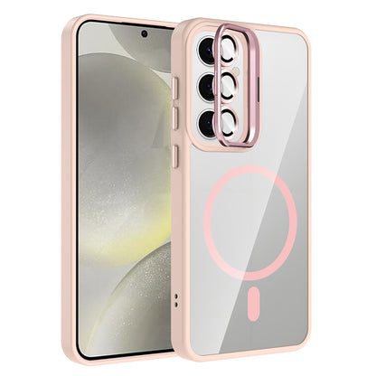 Galaxy S25 Kılıf Standlı ve Kamera Lens Hediyeli M-Safe Şarj Özellikli Zore Etro Kapak Pembe