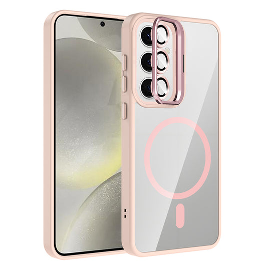 Galaxy S25 Kılıf Standlı ve Kamera Lens Hediyeli M-Safe Şarj Özellikli Zore Etro Kapak Pembe