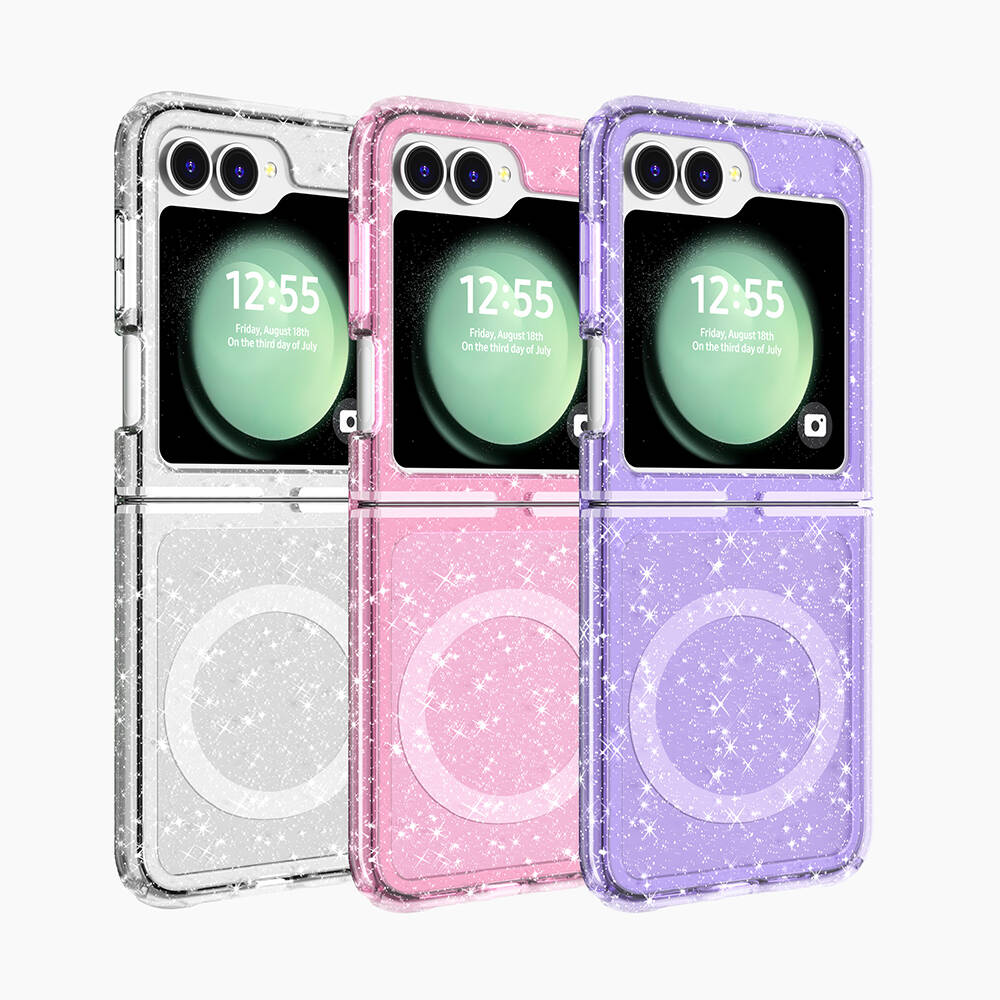 Galaxy Z Flip 6 Kılıf Magsafe Şarj Özellikli Parlayan Simli Saydam Renkli Zore Allstar Kapak Mor