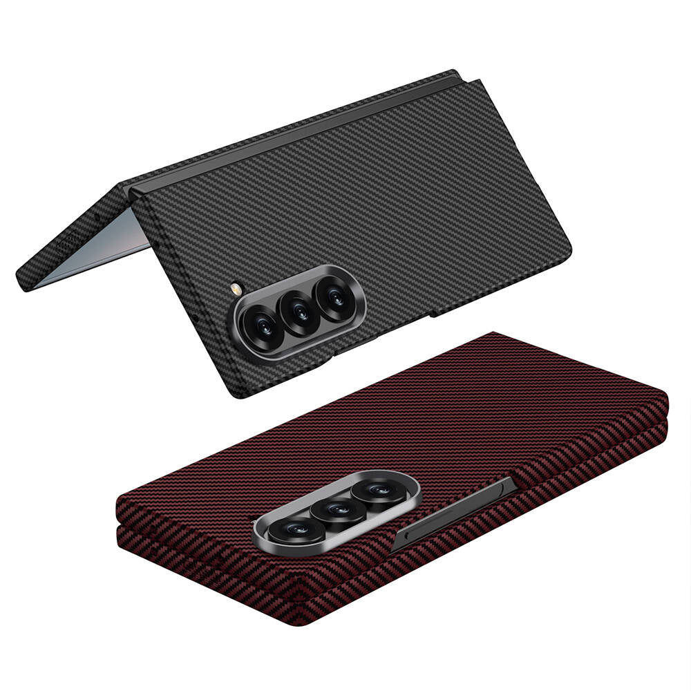Galaxy Z Fold 6 Kılıf Kamera Korumalı Karbon Fiber Tasarımlı Arka Yüzey Zore Kıpta Karbon Kapak Lacivert